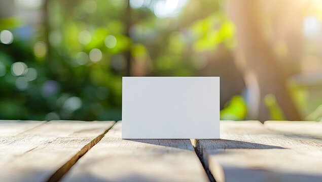 Blank white card on a wooden table outdoors, blurred background of greenery