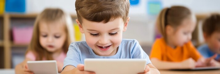 Preschoolers Learning with Tablets - Happy preschool children using tablets in a classroom setting, focused on educational apps