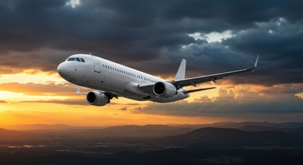 Naklejka premium Airplane soaring through dramatic sunset clouds over mountains, symbolizing travel and adventure