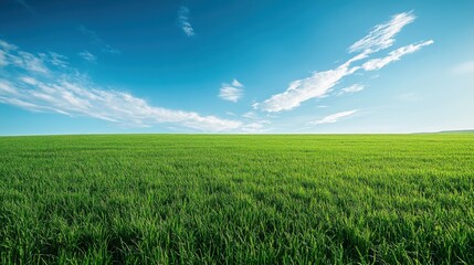 Fototapeta premium Lush Green Grass Field Under Bright Blue Sky with White Clouds in a Serene Landscape Setting