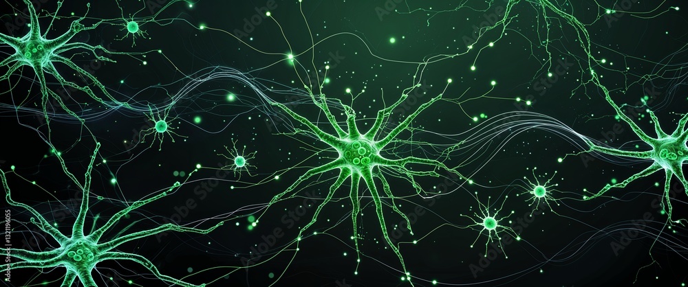 Poster green neural network neuron connection black dark background motion and energy concept modern and fu