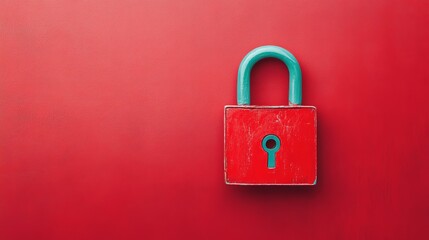 Red Padlock on Red Background - A red padlock with a teal shackle sits on a red background, symbolizing security and protection