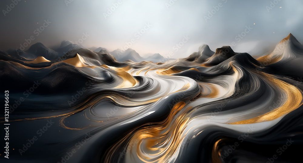 Poster Abstract landscape with flowing black and white shapes accented with gold, creating a dramatic and elegant mountain scenery.
