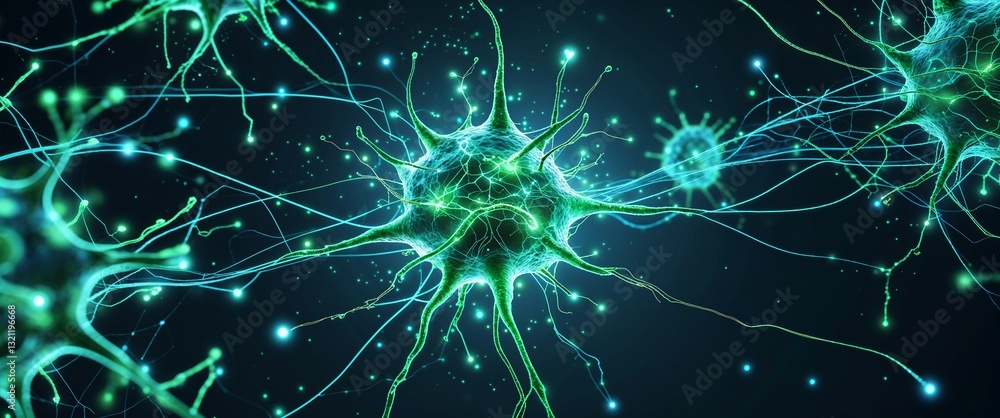 Poster green neural network neuron connection cyan dark background motion and energy concept modern and fut