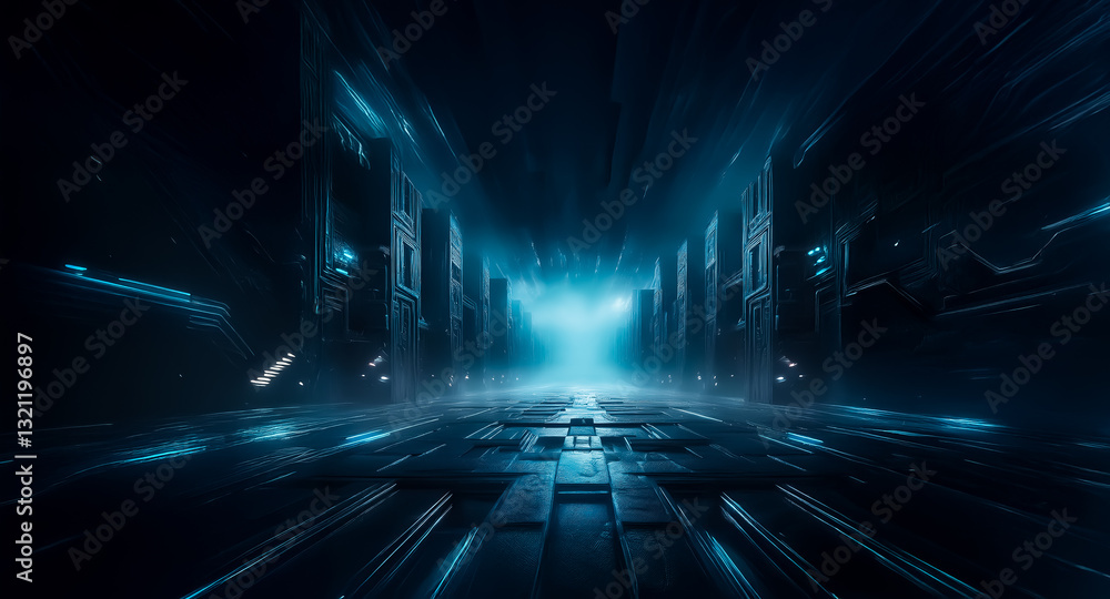 Aufkleber futuristic tunnel with glowing blue light and technological panels creates a sense of depth and spee