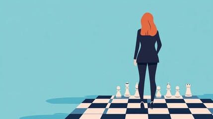 Businesswoman standing on a chessboard city, symbolizing strategic decision-making, corporate finance theme
