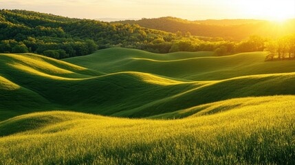 Fototapeta premium Serene Green Hills at Sunset with Rolling Landscapes and Beautiful Natural Light in Summer Season