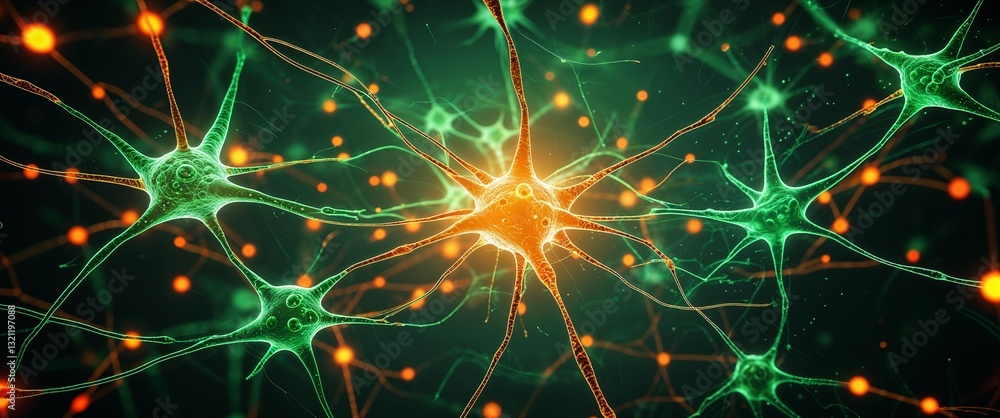 Poster green neural network neuron connection orange dark background motion and energy concept modern and f