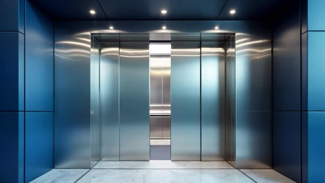 Modern elevator entrance in a sleek high-rise building with blue interior design