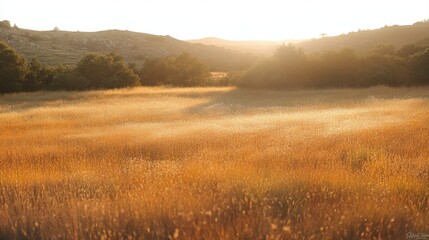 Fototapeta premium Golden Field Under Sunset Light with Gentle Hills in Background and Lush Greenery in the Distance