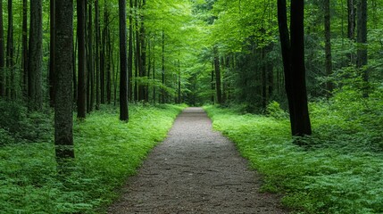 Fototapeta premium Serene Forest Path - Tranquil pathway winding through a lush green forest, sunlight dappling through leaves. Peaceful nature scene