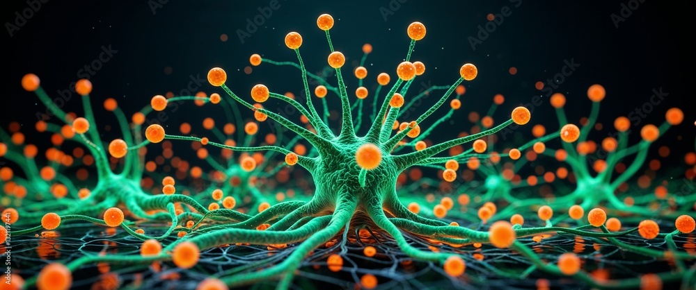 Poster green neural network neuron connection orange dark background motion and energy concept modern and f