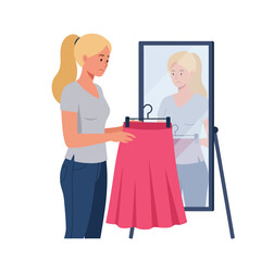 Woman Holding Pink Skirt in Front of Mirror in Flat Vector Illustration