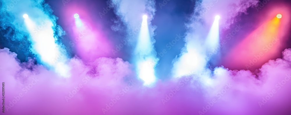 Poster a vibrant display of colored spotlights piercing through a cloud of fog, creating an energetic and d