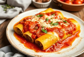 Baked cannelloni with meat filling, rich tomato sauce, and melted cheese, oven-baked, food