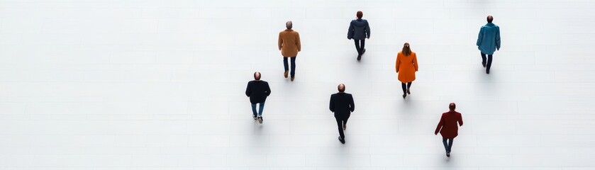 Obraz premium Silhouettes of people walking in a vast white space, representing anonymity in modern society