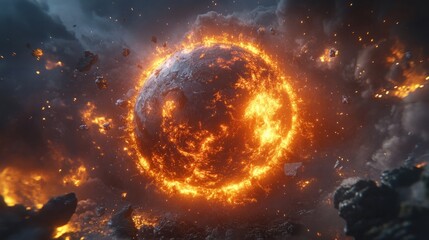 Fototapeta premium Earth surrounded by a fiery aura as it breaks into fragments 
