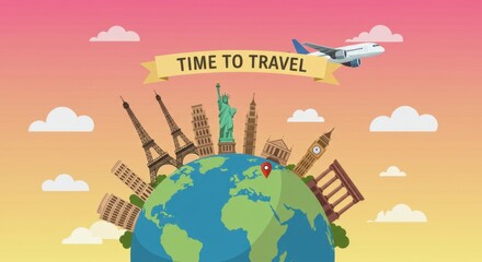 Colorful illustration depicting famous landmarks around a globe with an airplane flying overhead