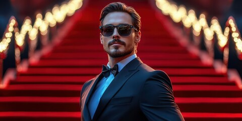 Stylish man posing confidently on the red carpet at a glamorous evening event in an upscale location