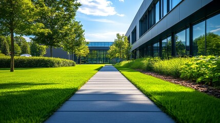 Naklejka premium A well-paved walkway meanders through verdant grass and manicured shrubs, guiding the eye toward a sleek modern structure under the brilliance of midday sunlight