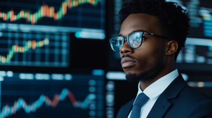 Elegant business executive navigating futuristic stock market interfaces, smart office environment