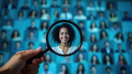 Magnifying glass highlights new talent among employee portraits.