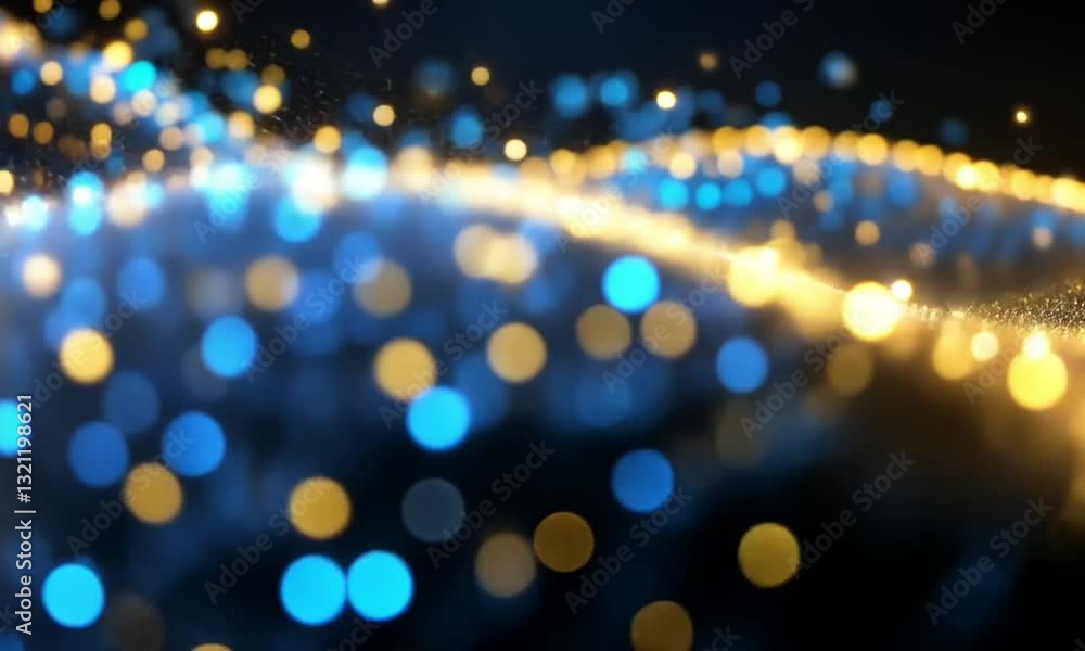 Poster abstract blue and gold glittering particles animation with bokeh background effect