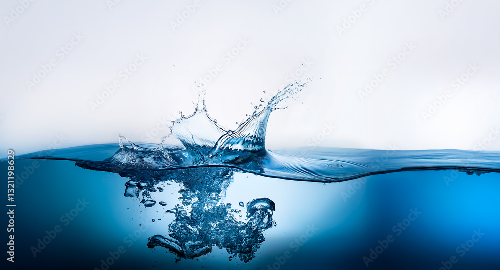 Poster clear blue liquid bursts upwards in a dynamic splash, forming droplets and bubbles against a gradien