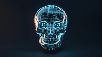 Floating cybernetic skull with glowing circuits, ultra-detailed futuristic horror aesthetic