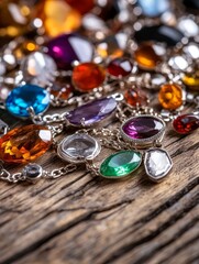 Sparkling Gemstone Necklace Collection - A dazzling array of colorful gemstone necklaces on rustic wood. Perfect for jewelry, fashion, and luxury brands