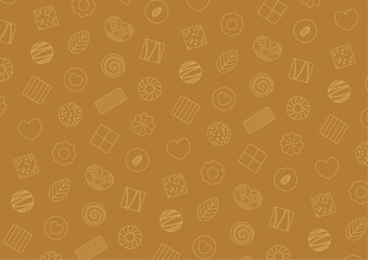 ハートやリフーなどのクッキーの線画のパターンイラスト_茶色
