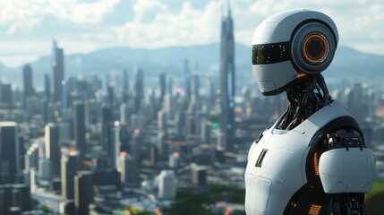 Sci-fi city with advanced robotic citizens, AI-driven metropolis, hyper-realistic futuristic landscape