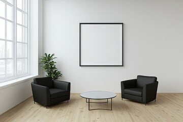 Minimalist, modern waiting area with black chairs and a blank canvas