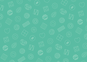 ハートやリフーなどのクッキーの線画のパターンイラスト_水色
