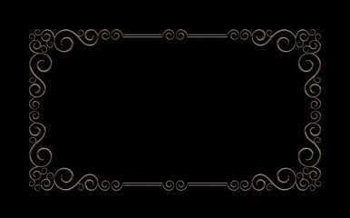 Decorative rectangular framework on black background. Golden material. 3D render. 