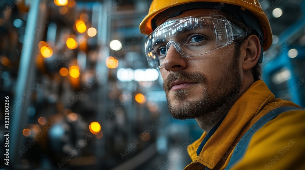 Aufkleber an engineer in safety gear monitors machines in a modern petrochemical refinery. bright lights illum