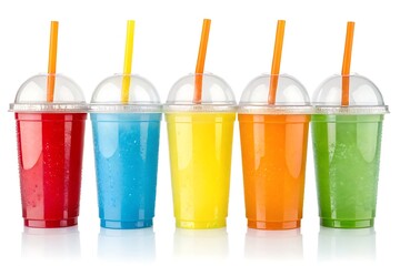 A row of colorful fruit juice drinks in transparent plastic cups with dome lids and straws, featuring red, blue, yellow, orange, and green.