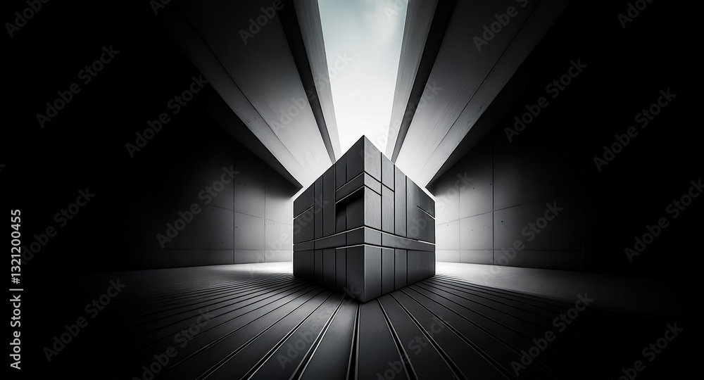 Poster A futuristic cube stands in a dark, tunnel-like space, illuminated by a bright light source from above, creating a dramatic and mysterious scene.