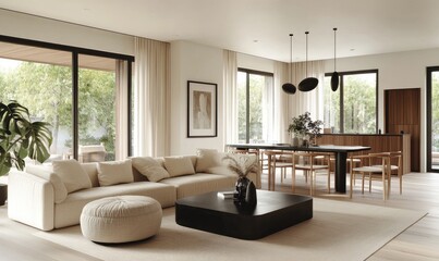 Modern open-plan living area with neutral tones, showcasing a seamless transition between indoor and outdoor spaces