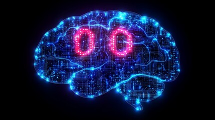 Obraz premium Digital Brain Circuitry with Glowing Binary Code AI Concept