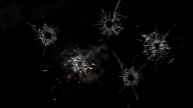 illustration of the effect of glass with holes due to being shot by several bullets on a black background