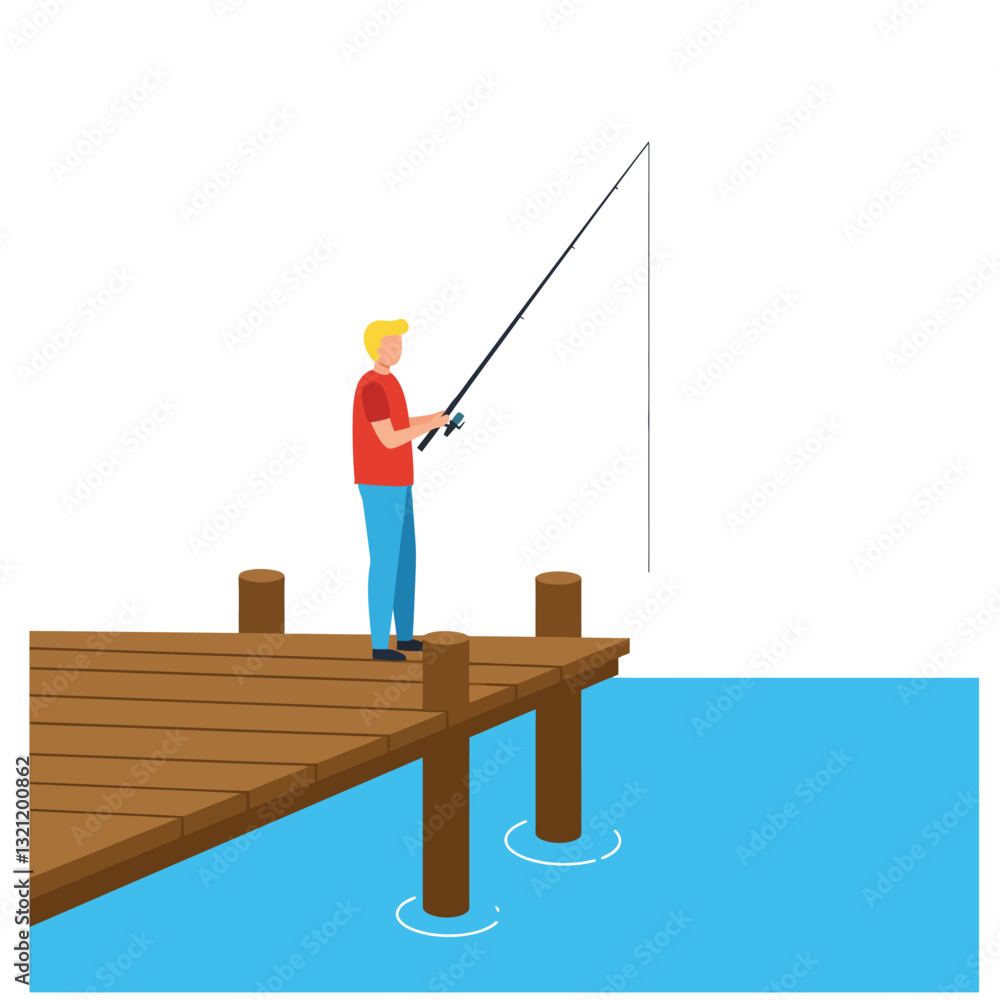 Poster fisherman on a dock casting a line in flat vector art