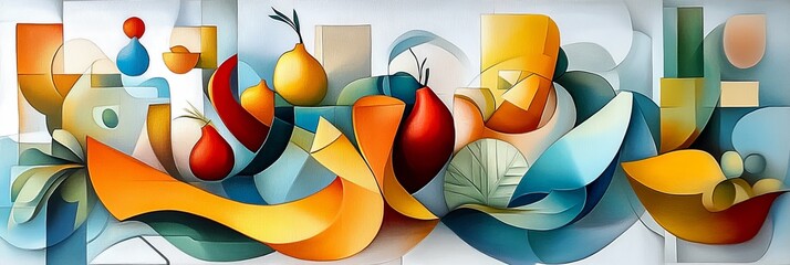 Vibrant Fruit Still Life Abstract - An abstract still life painting showcasing vibrant colors, organic shapes, and a sense of movement. It symbolizes abundance, creativity, harmony