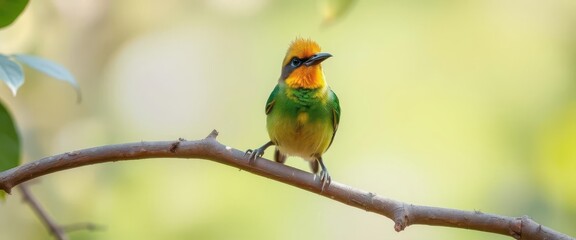 Fototapeta premium Golden-whiskered barbet perched on branch, vibrant plumage, natural setting, black, beak