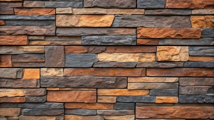 Obraz premium Close-up of a decorative brick stone wall with textured brown and gray stones, perfect for backgrounds, architecture, and interior design.