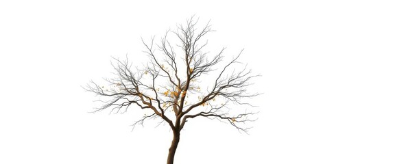 Lone deciduous tree, stark branches against pure white, trunk, botanical