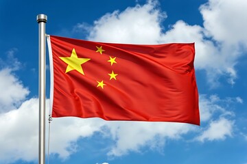 The national flag of China waving on a pole against a bright blue sky, symbolizing patriotism, pride, and national identity.
