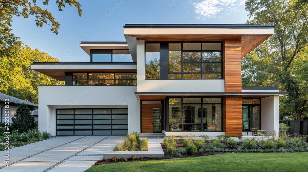 Poster a striking modern home features clean lines and expansive windows, surrounded by lush greenery and s