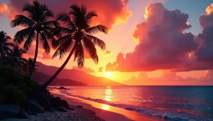 Palm trees swaying gently in Hawaiian sunset glow , waves, golden hour