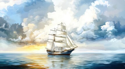 Majestic Sailboat at Sunset A Serene Ocean Voyage under a Dramatic Sky